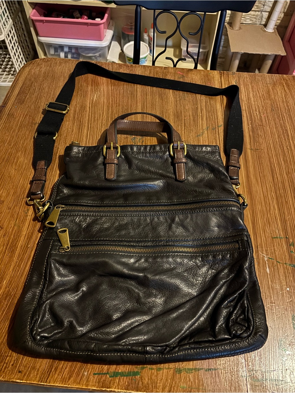 Fossil Black Leather Messenger Bag with Brown Accents